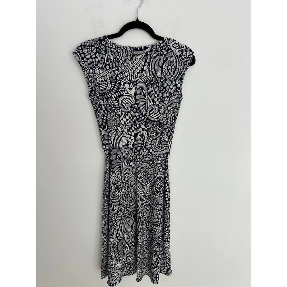 Chaps Womens Navy Blue White Abstract Print Sleeveless Faux Wrap Dress Small - Picture 10 of 10